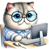 Cute cat wearing glasses working on a computer at home. png
