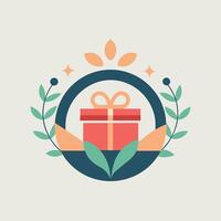 Minimalist logo design for a thoughtful gift shop showcasing a colorful present, surrounded by leaves and decorative elements in a serene setting vector
