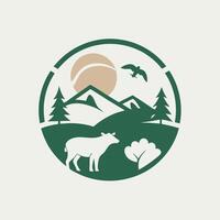 Minimalist logo representing wildlife photography with a cow in a natural setting highlighting mountains, trees, and a bird against a sunlit background vector