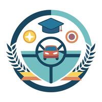 Minimalist logo design for a driving school featuring symbols of education and safe driving practices, emphasizing skill development and learner achievement vector