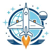 Innovative minimalist logo design featuring an aerospace engineering theme, showcasing an aircraft amidst celestial elements and a globe representation vector