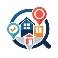 logo design for real estate application incorporating search elements and property icons emphasizing convenience for users seeking homes vector