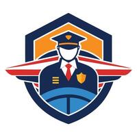 Educational logo for flight school showcasing a pilot with wings and shield design emphasizing professionalism and aviation expertise vector