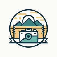Minimalist logo capturing the essence of travel photography with mountains, trees, and a camera design in a harmonious color palette vector