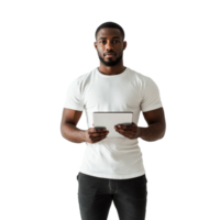 African-American man with tablet isolated on transparent presentation interface integration png