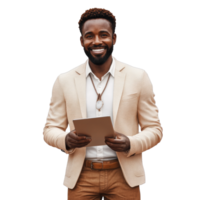 Beaming professional with tablet device exhibiting confidence on isolated backdrop png