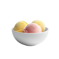 Assorted ice cream scoops in a white bowl against a void, summer refreshment png