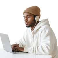 Focused young man immersed in digital work with headphones, on an isolated backdrop png
