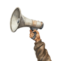 Watercolor illustration featuring a hand raising a megaphone against an isolated transparent backdrop, demonstrating freedom of speech png