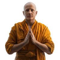 Bald man in saffron robe with hands clasped in a contemplative pose png