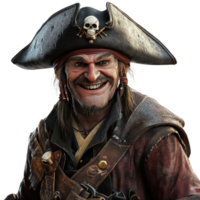 Mysterious pirate captain with piercing gaze and intimidating smile, rendered png