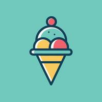Playful minimalist logo representing an ice cream shop featuring three scoops of colorful ice cream in a cone design against a light blue background vector