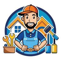 Versatile logo for handyman service featuring a smiling worker surrounded by tools and home elements, reflecting professionalism and reliability in home repairs and maintenance vector