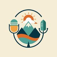 Vocal minimalist logo design for a podcast network featuring mountains, a sun, and microphones in a harmonious layout vector