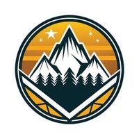 logo designed for outdoor apparel featuring a mountain landscape, emphasizing adventure, nature, and exploration in a circular format vector