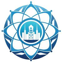 Elegant logo design representing micro nuclear reactors showcasing innovative energy solutions, featuring a blue color palette and stylized city skyline within an atomic structure vector