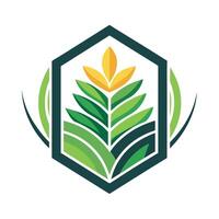 Modern logo design representing digital agriculture featuring vibrant green and yellow plant elements within a hexagonal framework to symbolize growth and innovation in farming vector