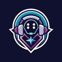 Minimalist logo design for a game streaming platform showcasing a futuristic head with headphones and a star in a vibrant color palette against a dark background vector