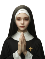 Serene devotion portrait. A digital painting of a contemplative nun with clasped hands png