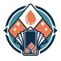 Strategic minimalist logo design for card game industry showcasing elements of gameplay with symbolic icons and modern aesthetics vector