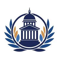 Influential minimalist logo representing a lobbying firm, featuring a prominent building within a circular frame and laurel leaves, designed for modern governance and advocacy vector