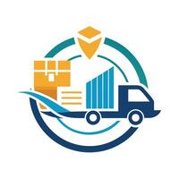 Efficient minimalist logo design for a shipping company featuring a delivery truck, packages, and a protective symbol, representing streamlined logistics and transportation solutions vector