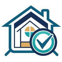 Minimalist logo design for home inspection service showcasing a house and checkmark emphasizing quality and safety for residential properties vector