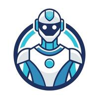 Modern logo design showcasing a humanoid robotics technology concept featuring a sleek and minimalistic blue and white color scheme with futuristic elements vector