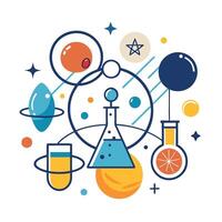 Educational minimalist logo for a science museum showcasing various scientific elements like laboratory glassware and celestial objects, designed to inspire curiosity about science vector