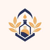 Minimalist logo design for a fragrance house featuring a stylized bottle, leaves, and a drop in a serene composition that emphasizes simplicity and elegance vector