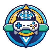 Immersive logo design for a gaming company featuring a globe and game controller, symbolizing global gaming engagement and innovation vector