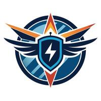 Elegant logo design featuring electric aviation elements with wings, a shield, and dynamic shapes reflecting innovation in the aviation industry vector