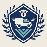 Elegant logo design showcasing an autonomous delivery application, featuring a vehicle symbol within a protective shield vector