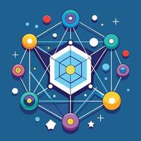 Geometric shape symbolizing connectivity and interaction with vibrant colors and dynamic lines set against a blue background vector