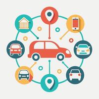 logo design for a car sharing service featuring interconnected elements representing vehicles, locations, and mobile accessibility in a modern urban setting vector