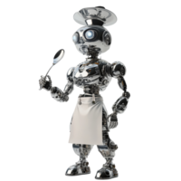Futuristic chef. A metallic robot with culinary aspirations in digital render png