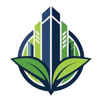 Modern logo design depicting a vertical urban farm with skyscrapers and lush greenery in a circular emblem highlighting sustainability and innovation vector