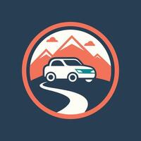 Minimalist logo design for a modern car rental service showcasing a vehicle on a scenic road surrounded by mountains under a clear sky vector