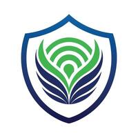 Simple and elegant logo design for biometric security technology showcasing a modern shield with stylized fingerprint elements and protective wings vector