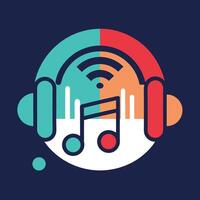 Digital minimalist logo design representing a music streaming service with headphones, musical notes, and wireless symbol in vibrant colors on a dark background vector