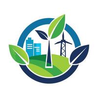 Modern logo design representing sustainable energy technology featuring a tree, leaves, and city skyline, emphasizing ecofriendliness and innovation vector