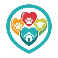 Heart centered logo for an organization dedicated to pet adoption and animal welfare initiatives in a vibrant, engaging design featuring paw prints and a house symbol vector