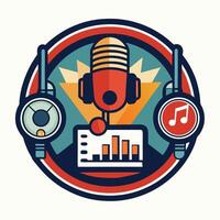 Creative logo design showcasing a music studio featuring elements like a microphone, headphones, sound waves, and musical notes in a vibrant color palette vector