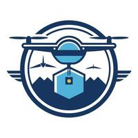 logo representing a drone delivery service featuring a helicopterstyle drone above a hexagonal delivery box with stylized mountains in the background vector