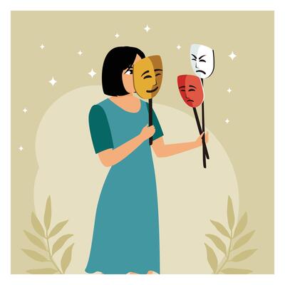 A woman with a mask of different emotions.