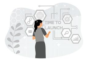 Woman planning a digital startup with technology icons and graphics. vector