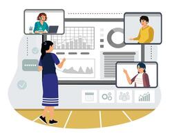 Entrepreneurs hold online meetings with colleagues analyzing business data. vector