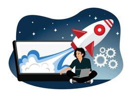 Entrepreneurs start plans and strategies to develop business using laptops. vector