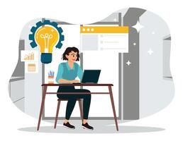 The businesswoman focuses on working in front of a laptop computer and developing creative ideas. vector