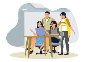 A group of friends having fun and smiling together in front of a laptop. vector
